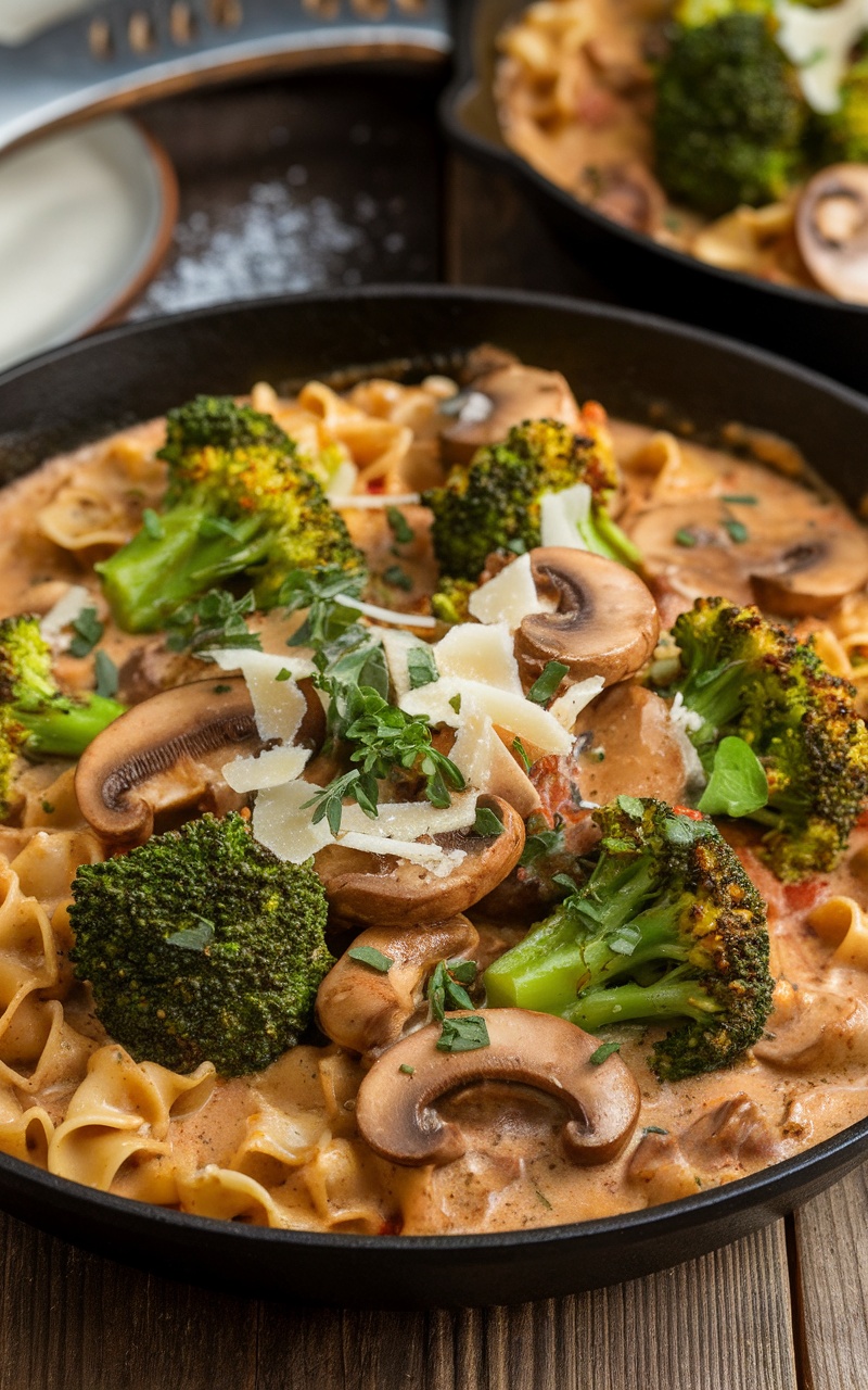 Creamy mushroom and broccoli skillet dish served over pasta, garnished with herbs and cheese.